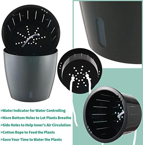 Planterhoma 6.7 Inch Self Watering Pots for Indoor Plants, 6 Packs African Violet Pots with Indicator, Black Wick Pot with Drainage Holes, Self Watering Planters for Orchid, Devil's Ivy, Grey - Image 6