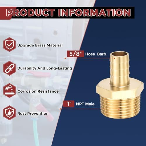 6Pcs Brass Hose Barb Fittings 5/8" Hose Barb to 1" NPT Male Fittings - Image 2