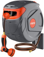 100FT Retractable Garden Hose Reel 1/2 Inch, Wall Mounted Heavy Duty Water Hose with Auto-Lock & 9-Pattern Nozzle, 180° Swivel, Slow Return System — UV Resistant Outdoor Storage by Unknown