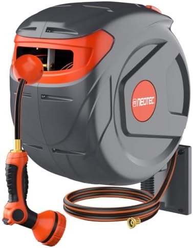 100FT Retractable Garden Hose Reel 1/2 Inch, Wall Mounted Heavy Duty Water Hose with Auto-Lock & 9-Pattern Nozzle, 180° Swivel, Slow Return System — UV Resistant Outdoor Storage by Unknown