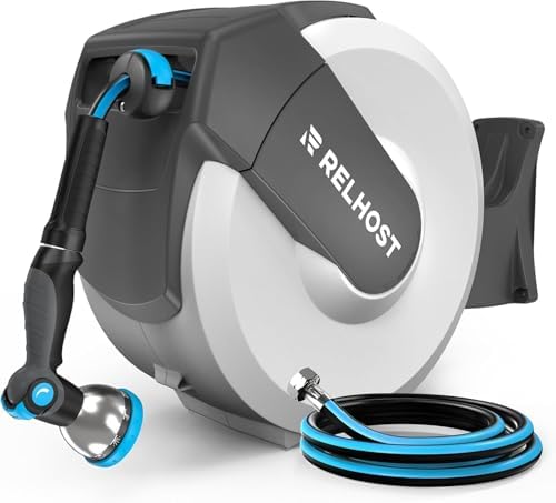 Relhost Retractable Garden Hose Reel 120 ft x 1/2 in, Heavy Duty Hose Reel Wall Mount with Any Length Lock, Auto Rewind System, 180° Swivel Bracket, 10-Pattern Garden Hose Nozzle, White & Grey by Relhost