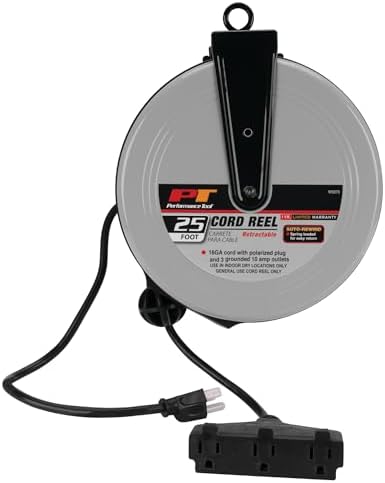 Performance Tool W2272 Retractable Cord Reel for Outlet Extension in Workshops and Home, Black/Gray, 25 feet - Image 2