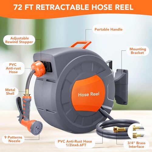 Garden Hose Reel, 1/2 In x 72 Ft Retractable Garden Hose, Water Hose Reel With 9 Function Sprayer Nozzle, Automatic Rewind, 180° Swivel Wall Mount, and Any Length Lock - Image 2