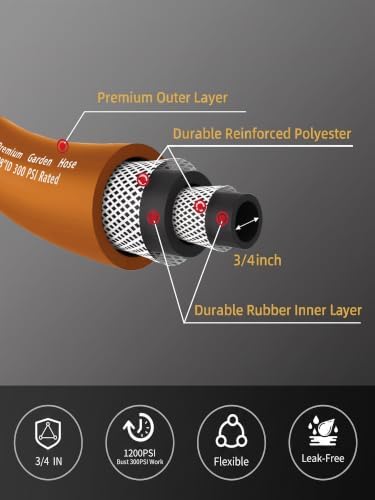 Wiseflow Garden Hose 100FT x 3/4", Heavy Duty Rubber Hose, Water Hose with Five Layered Braiding, Male Female Fittings, 1200PSI Burst, 300PSI Working for Yard, Car Wash, Pets (Orange) - Image 3