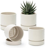 Phoenix Vine 4 Inch Planter Pot with Drainage Hole & Saucer, Deep Water Catch Tray, Straight Cylindrical Round Pot for Plants, Oatmeal, Pack of 4, 23-E-R-4 by Phoenix+Vine