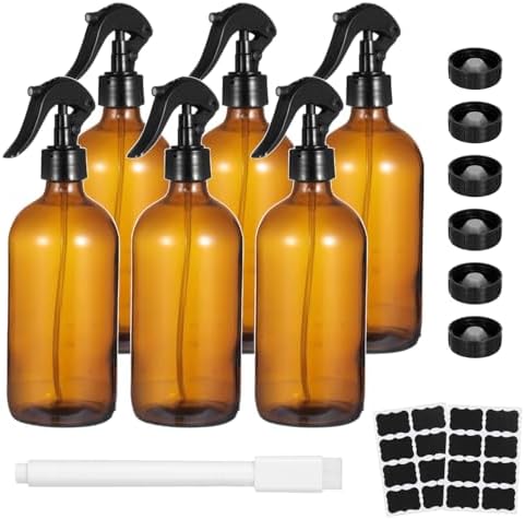 OMISTAR 6 Pcs 16 oz Amber Glass Spray Bottles for Cleaning - Empty Glass Spray Bottle Set with Labels and Pen, Refillable Container for Essential Oils, Trigger Sprayer, Adjustable Nozzl, Leakproof by OMISTAR