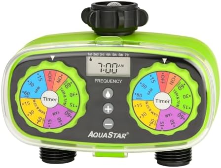 AQUASTAR Two-Zone Hose Watering Timer (Green), Automatic Irrigation for Lawn, Garden, Yard, Two Outlets by EDEN