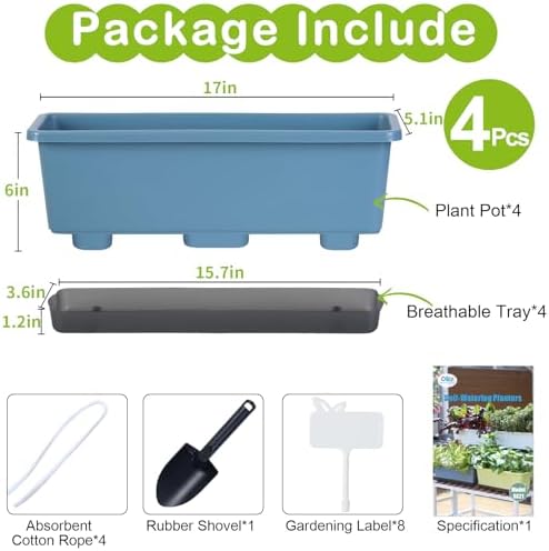 Window Box Planter 4 Packs, 17 Inches Rectangle Flower Pots with Drainage Holes & Trays, Pots for Vegetables, Herbs, Flowers, Garden Windowsill Balcony (Blue, 17 * 5.1 * 6 inch) - Image 4