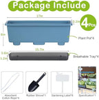 Window Box Planter 4 Packs, 17 Inches Rectangle Flower Pots with Drainage Holes & Trays, Pots for Vegetables, Herbs, Flowers, Garden Windowsill Balcony (Blue, 17 * 5.1 * 6 inch) - Image 4
