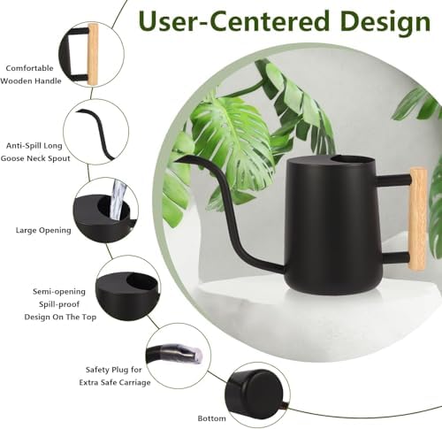 ZJchao Watering Can for Indoor Plants, 1000ML Retro Stainless Steel Plant Waterer with Long Spout for House Plants Bonsai Outdoor Garden Flower Decorative (Black) - Image 3