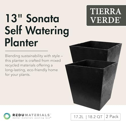 Tierra Verde Sonata Self-Watering Square Planter, Black, Small, 2-Pack - Image 2