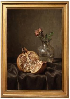 Gold Vintage Framed Still Life Pomegranate and Rose Wall Art Print by Unknown