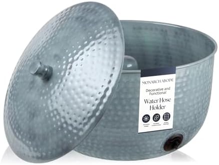 Monarch Abode Garden Hose Holder with Lid – Decorative Water Hose Holders for Outside, Hand Hammered Metal Patina Pot with Drainage, 100ft Waterhose Holder for Outside, Garden Storage Caddy by MonarchAbode