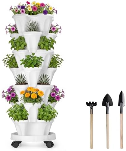 GameXcel Vertical Planter Tower - 7 Tier Stackable Garden Planters with Wheels and Tools Plant Pots for Strawberry Herb Flower and Vegetable Indoor Outdoor Use White by GameXcel