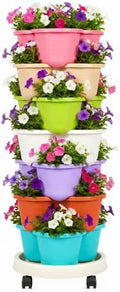 VECELO 7 Tier Vertical Garden Planter, Self Watering Stackable Planters with Wheels for Strawberries, Herbs, Flowers, Vegetables, Multicolor by VECELO