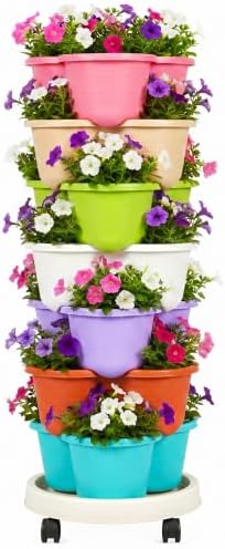 VECELO 7 Tier Vertical Garden Planter, Self Watering Stackable Planters with Wheels for Strawberries, Herbs, Flowers, Vegetables, Multicolor by VECELO