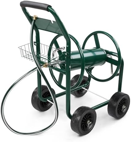 VINGLI 300FT 4-Wheel Garden Hose Reel Cart with Storage Basket, Portable Residential Hose Reel Cart, Lawn Watering, for Garden Backyard and Farm (Green) by VINGLI