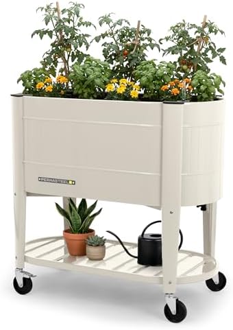 Permasteel Raised Garden Bed with Legs, Planter Box with EnGrow™ TrueSoil™ Technology for Vegetables, Flowers, Herbs, and Fruit, Outdoor Indoor, Storage Shelf, Caster Wheels, Ivory by Unknown