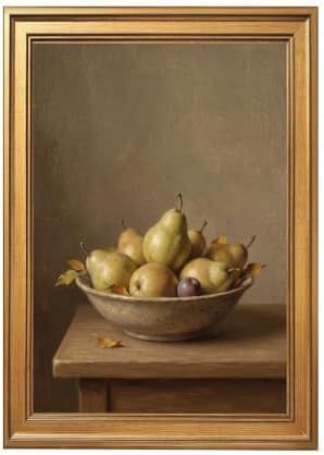Gold Vintage Framed Still Life Pear Bowl Wall Art, Classic Kitchen Print by Unknown