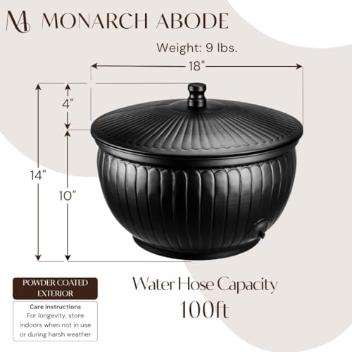 Monarch Abode Garden Hose Holder with Lid – Decorative Water Hose Holders for Outside, Arch Embossed Metal Matte Black Pot with Drainage, 100ft Waterhose Holder for Outside, Garden Storage Caddy - Image 3
