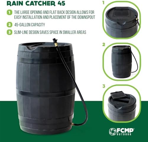 FCMP Outdoor 45 Gallon Heavy Duty Rain Water Catcher Barrel Container with Hose and Debris Screen for Outdoor Plants, Garden, and Landscapes (RC45-BLK) Black - Image 4