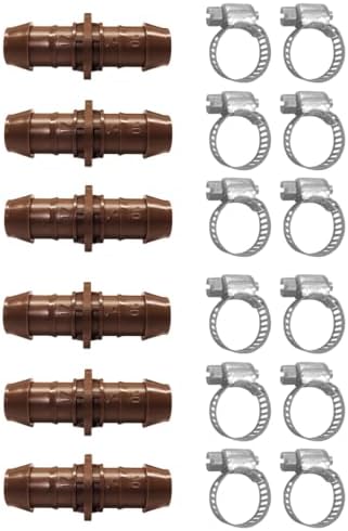 LECTO Universal 5/8", 1/2", .700" Drip Line Repair & Extension Kit – 6 Pack Plastic Couplers with 12 Stainless Steel Hose Clamps by LECTO