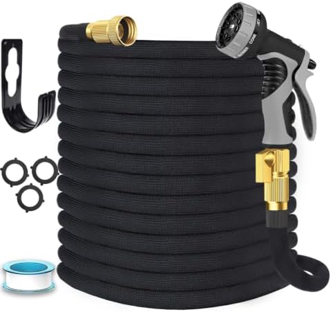 Garden Hose 75 ft, Non-Expandable Flexible Water Hose with 10 Function Spray Nozzle, Lightweight, Leak Proof, Kink-Free, Portable Hose for Outdoor, Yard, Lawn, High-Density Fabric, Black Grey by Unknown