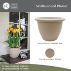 The HC Companies Sevilla Flower Planters - Durable Outdoor & Indoor Planter - Round Lightweight Self Watering Plant Pots for Herbs & More (12" Cottage Stone, Pack of 2) - Image 2