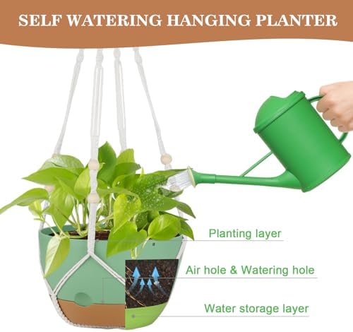 3 Pack Hanging Planter for Indoor Plants, 10inch Self-Watering Hanging Plant Pot, Macrame Plant Hanger with Pot, Chain, S & Ceiling Hooks, Removable Saucer and Drainage Holes for Garden Home - Green - Image 6