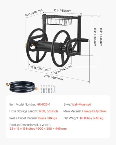 VEVOR Wall Mounted Garden Hose Reel, Holds 125 ft 5/8-inch Hose, Heavy-Duty Water Hose Winder, Space-Saving Design, Outdoor Manual Reel with Brass Fitting and Storage Basket for Yard Lawn - Image 7