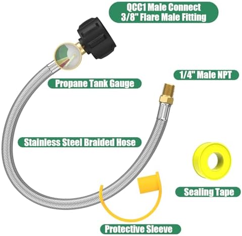 GardenNow 2 PCS RV Propane Hoses with Gauge, 24 Inch Stainless Steel Braided Camper Tank Hose, Rv lp Gas Hoses Connector for Standard Two-Stage Regulator, 40Lb 250PSI, 1/4" NPT /QCC1 Fittings - Image 3