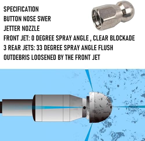 Hourleey Sewer Jetter Kit for Pressure Washer 200FT, Drain Cleaner Hose 1/4 Inch NPT, Orifice 4.0 Button Nose and Rotating Sewer Jetting Nozzle Spanner Tape Pearl Corsage Pin, 4000 PSI - Image 5