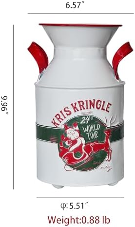Vintage Christmas Kris Kringle Metal Milk Can Vase, Rustic Holiday Decorative Flower Jug with Red Handles, Festive Pitcher for Indoor Home Decor, Christmas Floral Arrangements - Image 6