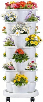 VECELO 7 Tier Vertical Garden Planter, Self Watering Stackable Planters with Wheels for Strawberries, Herbs, Flowers, Vegetables, White by VECELO