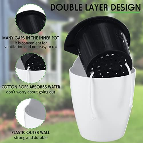 Yungyan 10 Sets 5" Self Watering Hanging Planter White Lazy Flower Pots Plastic Wall Propagation Window Wall Mount Planter with Hooks and Absorbent Cotton Ropes for Indoor Succulent Plants - Image 5