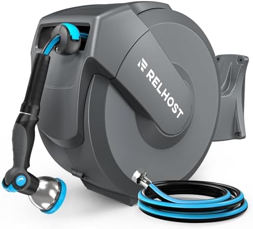 Relhost Retractable Garden Hose Reel, 1/2 in x 65 ft Wall Mount Heavy Duty Hose Reel with Any-Length Lock, Auto Rewind System, 180° Swivel Bracket, and 10-Pattern Nozzle for Garden, Dark Grey by Relhost