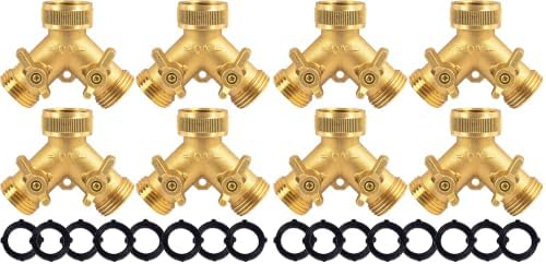 Hourleey Brass Garden Hose Splitter (2 Way), Solid Brass Hose Y Splitter 2 Valves with 2 Extra Rubber Washers (8 Pack) by Hourleey