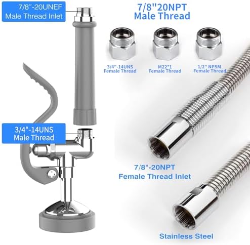 MSTJRY Spray Valve with 45" Pre Rinse Hose, Commercial Sink Sprayer Hose Pre Rinse Sprayer with Flexible Stainless Steel Hose Assembly for Commercial Kitchen Faucets(Grey, with 3 adapters) - Image 3