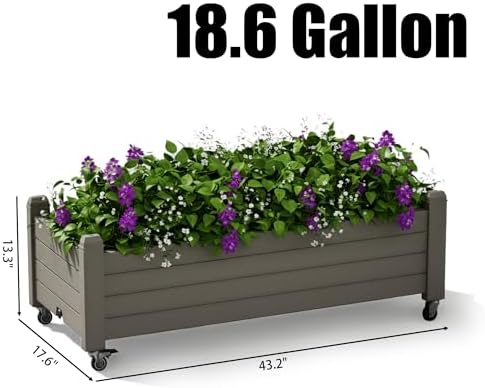 Raised Garden Bed with Wheels Outdoor, Resin Planter Box with Drain Hole and Water Level Detector for Backyard, Patio, Balcony, Gray(13.3" H) - Image 2