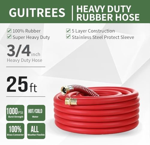 Guitrees 25FT 3/4 Heavy Duty Rubber Garden Hose - 300psi Working, 1000psi Burst - Hot/Cold Water - Five-Layered Braiding for Durability - Versatile for Gardening, Agriculture, Construction(Red) - Image 2