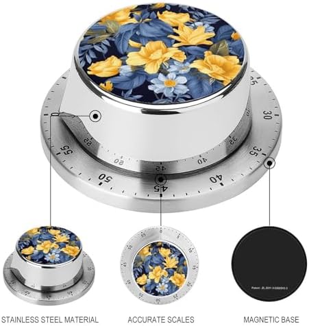 Mechanical Kitchen Timers for Cooking,Blue Base Yellow Floral Printed 60 Minute Magnetic Countdown Timer,Cute Cooking Timers with Alarm,Stainless Steel Time Timer Manual No Batteries Required - Image 3