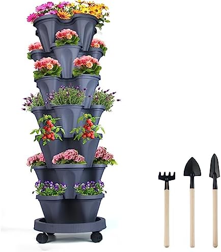 GameXcel Vertical Planter Tower - 7 Tier Stackable Garden Planters with Wheels and Tools Plant Pots for Strawberry Herb Flower and Vegetable Indoor Outdoor Use Dark Gray by GameXcel