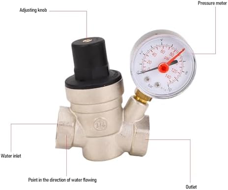 Adjustable Water Pressure Regulator with Meter Brass RV Pressure Reducer for Gardens Plumbing Systems RVs Travel Trailers (DN20) - Image 3
