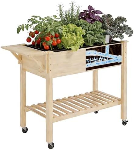 Raised Garden Bed with Legs and Wheels, Self-Watering System, 34x18x30in Elevated Planter Box with Storage Shelf & Liner for Flowers Vegetables Herbs, Raised Bed for Outdoor/Balcony/Patio by Cakhdry