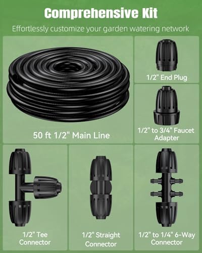 Pawfly 50 ft 1/2 Inch Drip Irrigation Tubing Main Tube, 1/2 Irrigation Tubing for Garden Irrigation System, Flexible PVC Main Line with 5 Barbed Locked Drip Irrigation Parts, 1/2" Drip Irrigation - Image 2