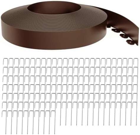 Landscape Edging 4 Inch Tall 150FT with 160Pcs Metal Spikes, Plastic Garden Edging Border Landscape Edging Border Lawn Edging for Landscaping, Flower Bed, Yard(Brown) by LXVOOEE