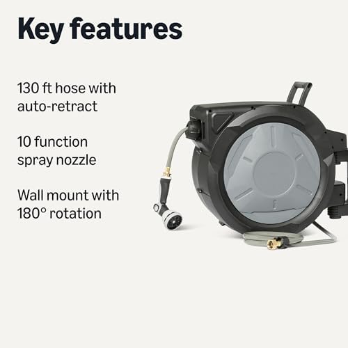 Amazon Basics Retractable Garden Hose Reel, 130 Foot, Wall Mounted, 10-Pattern Spray Nozzle, 180° Swivel Bracket - Image 2