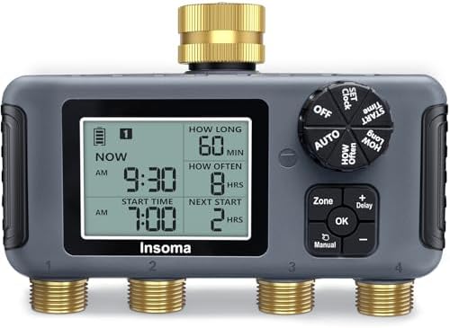 Insoma Water Timer with Brass Inlet & Outlet, 4 Independent Zones Outdoor Hose Timer for Garden Faucet with Auto/Manual/Rain Delay Mode, IPX5 Waterproof, Sprinkler Irrigation Controller for Yard Lawn by Insoma