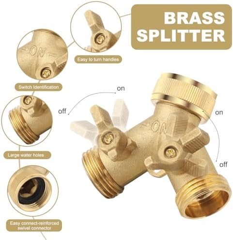 3/4 Inch Brass 2-Way Garden Hose Splitter – Y-Shaped Hose Connector with 2 Anti-Kink Spiral Protectors, Heavy-Duty Metal Outdoor Faucet Splitter, Brass Handle Design, Garden Hose Adapter - Image 3