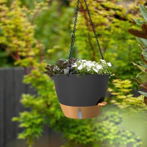 ZMTECH 12 Inch Hanging Planters for Indoor Outdoor Plants, 2 Pack Self Watering Hanging Plant Pots with Drainage Hole, Visual Reservoir, Plastic Flower Hanging Pots with Watering Lip (Black) - Image 4